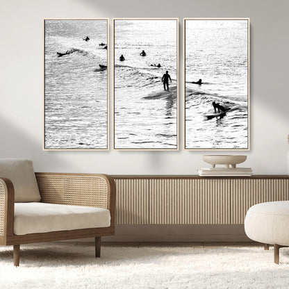 68018616-MGV-CV-36X24-Black and White Surf Photography Print – Minimalist Ocean Wall Art, Surfers Riding Waves, Coastal Beach Decor for Modern Home or