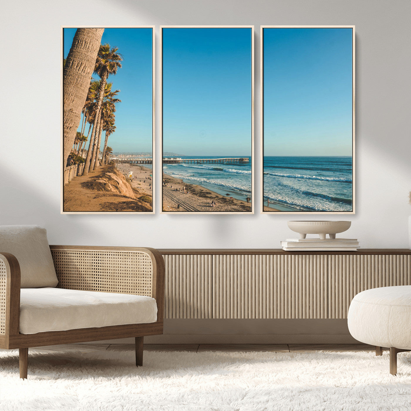 92568259-MGV-CV-36X24-California Beach Wall Art – Palm Tree Pier Canvas Print, Coastal Ocean Photography Seaside Decor for Living Room, Bedroom, Office,