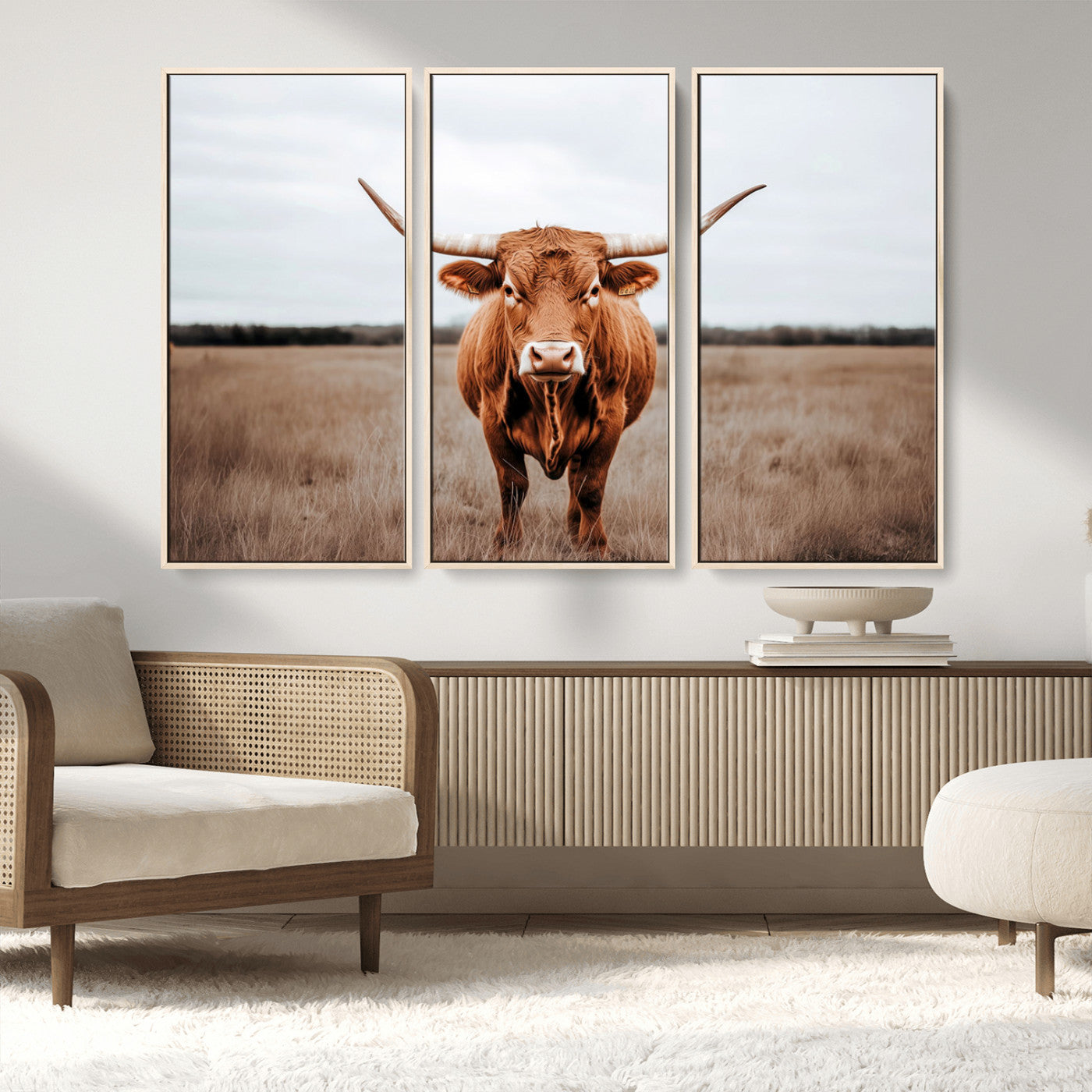 16316734-MGV-FC-48X32-3P_Natural-Texas Longhorn Wall Art – Rustic Bull Portrait Canvas Print, Western Farmhouse Animal Photography Decor for Living Room, Office,