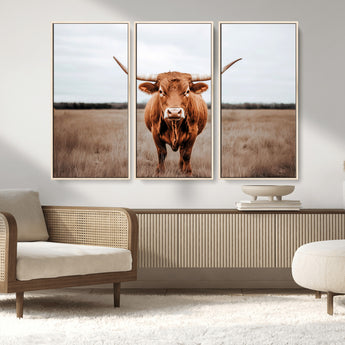 16316734-MGV-FC-48X32-3P_Natural-Texas Longhorn Wall Art – Rustic Bull Portrait Canvas Print, Western Farmhouse Animal Photography Decor for Living Room, Office,