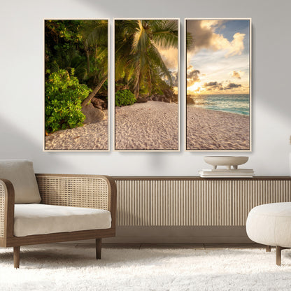 89531159-MGV-CV-36X24-Tropical Beach Sunset Canvas Wall Art – Palm Trees Golden Sand Ocean Waves Coastal Paradise Print for Beach House Bedroom Bathroom
