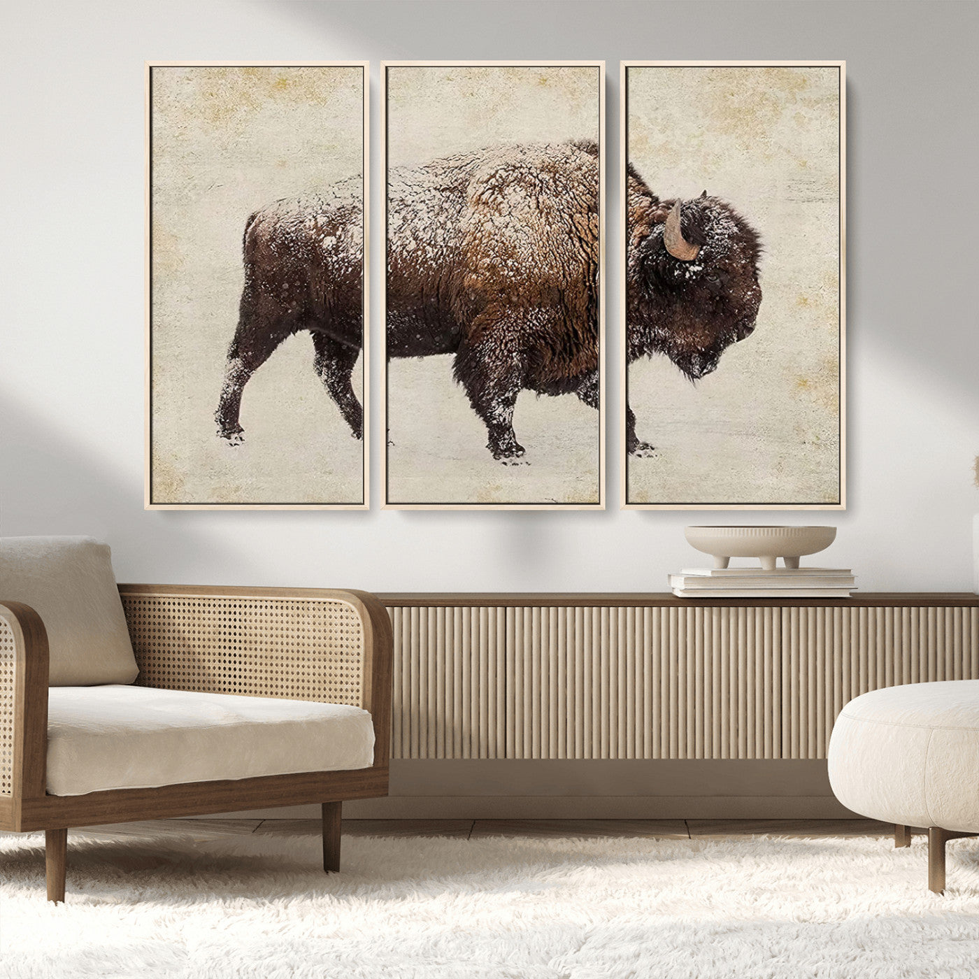 54810031-MGV-FC-48X32-3P_Natural-Western Wall Art – Snow Covered Bison Canvas Print, Rustic Wildlife Photography Decor for Bedroom, Living Room, Office, Lodge,