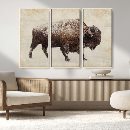 54810031-MGV-FC-48X32-3P_Natural-Western Wall Art – Snow Covered Bison Canvas Print, Rustic Wildlife Photography Decor for Bedroom, Living Room, Office, Lodge,