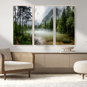 93123937-MGV-CV-36X24-Landscape Wall Art – Misty Mountain Lake Canvas Print, Tranquil Forest and Waterfall Photography Decor for Bedroom, Living Room,