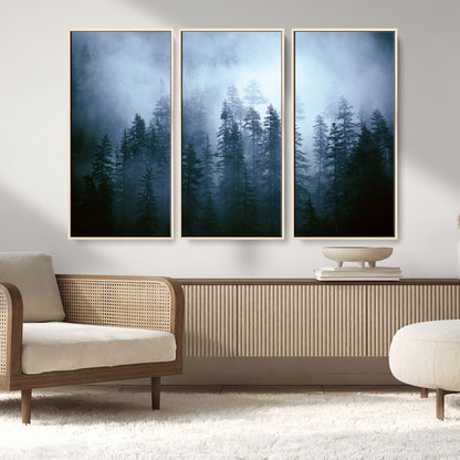 93439624-MGV-FC-48X32-3P_Natural-Forest Wall Art – Misty Pine Trees Canvas Print, Moody Nature Photography Decor for Bedroom, Living Room, Office, Cabin, Lodge or