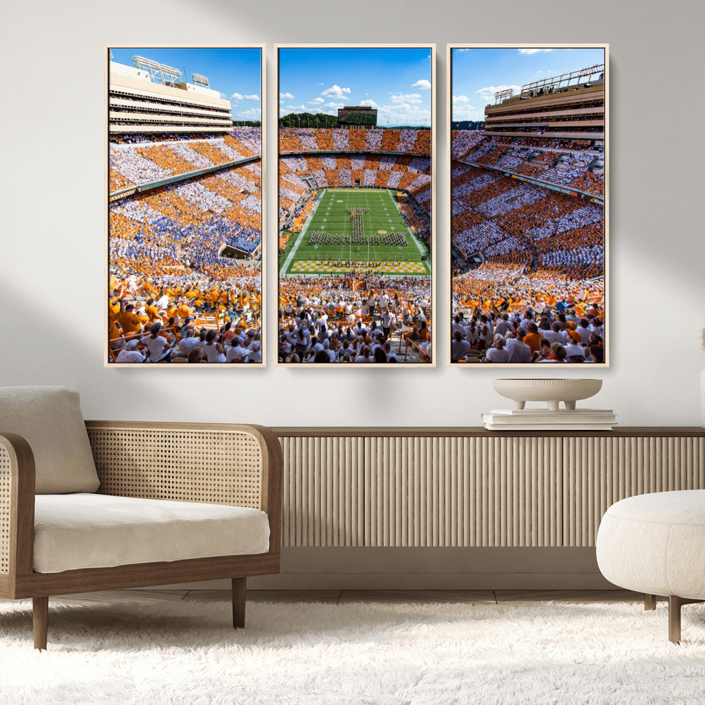 64238859-MGV-FC-48X32-3P_Natural-Neyland Stadium Wall Art – Tennessee Volunteers Checkerboard Game Day Canvas Print, College Football Panorama Decor for Man Cave