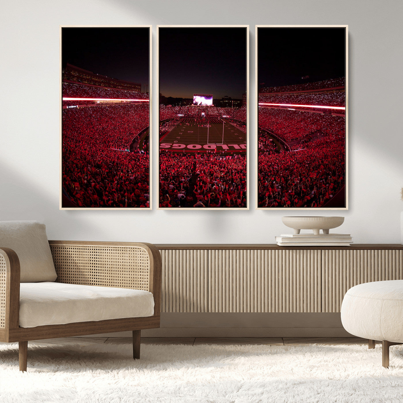 38331045-MGV-FC-48X32-3P_Natural-Sanford Stadium Wall Art – Panoramic Georgia Bulldogs Red Light Game Football Canvas Print, Night Crowd Sports Decor for Office,