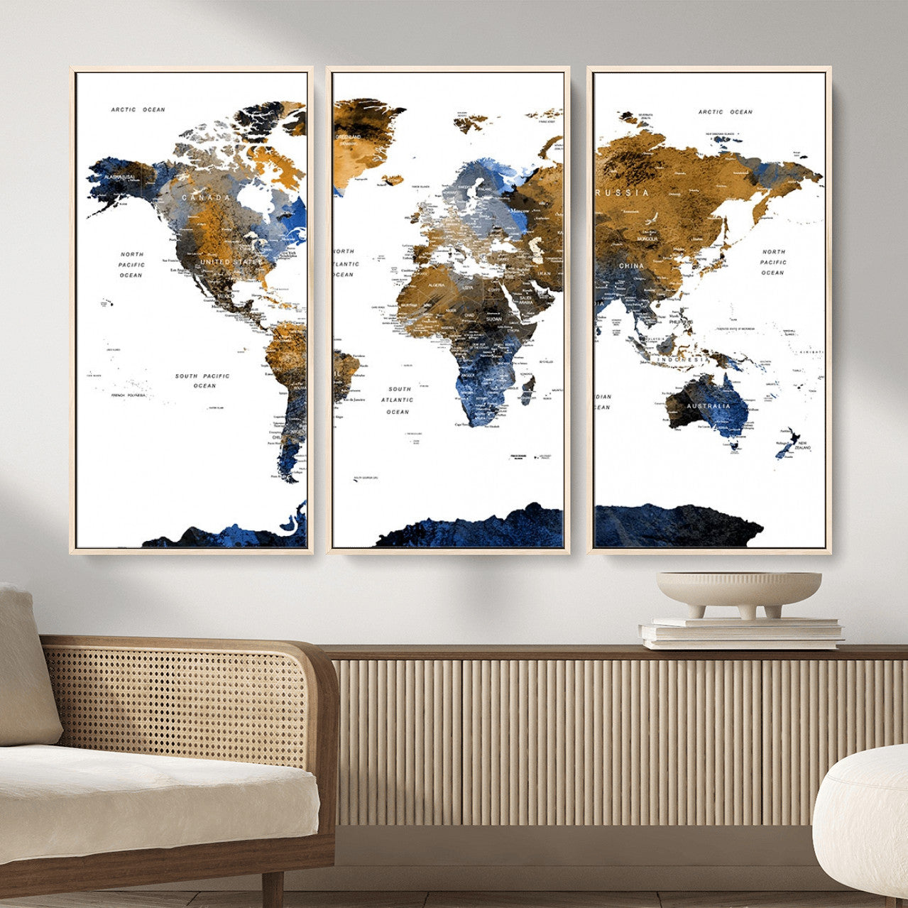 MGV-FC-48X32-3P - World Map Wall Art Canvas Print, Framed Blue Gold Map Art Picture Print, Rustic Atlas Perfect Rustic Modern Decor Artwork