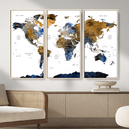 MGV-FC-48X32-3P - World Map Wall Art Canvas Print, Framed Blue Gold Map Art Picture Print, Rustic Atlas Perfect Rustic Modern Decor Artwork