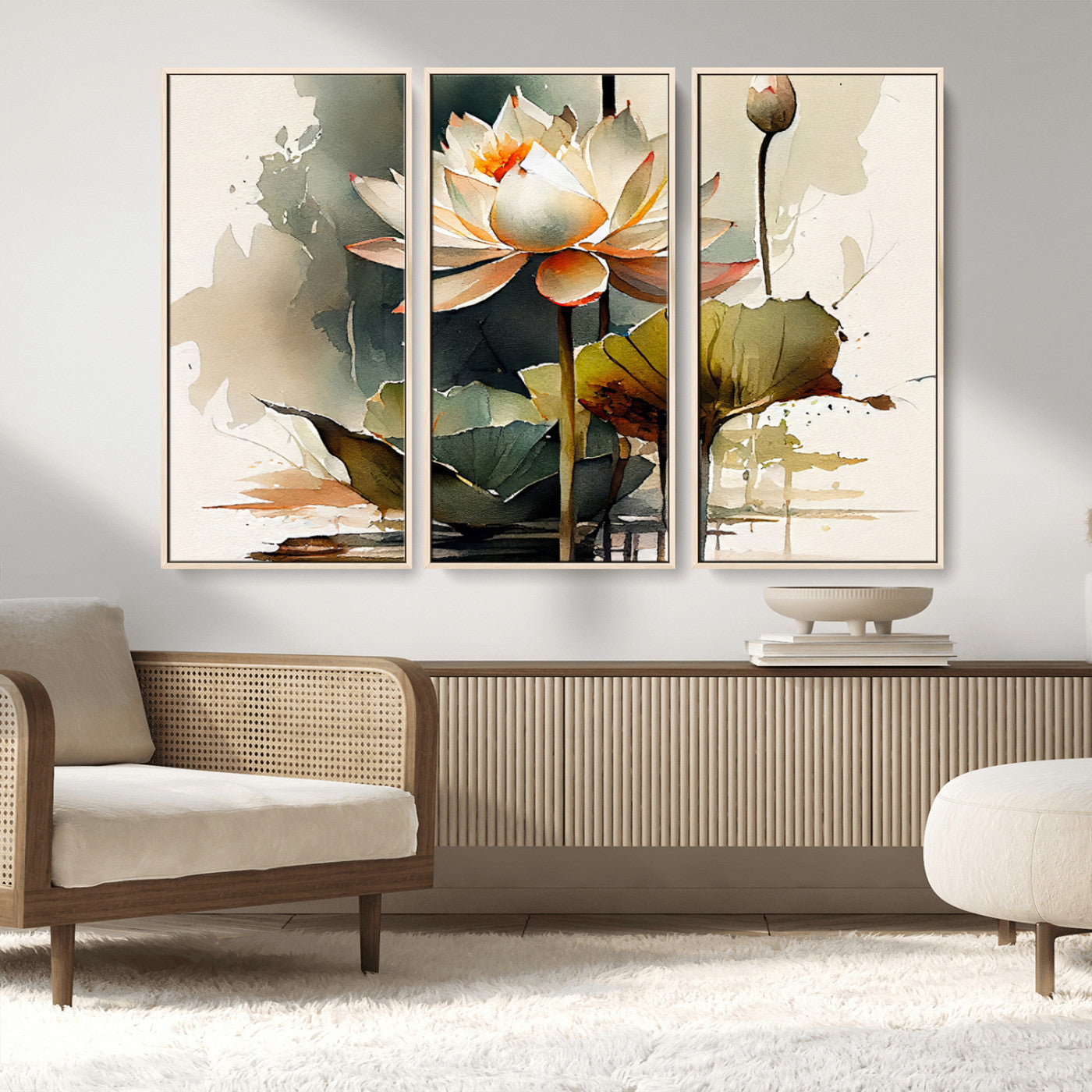 46359-MGV-FC-48X32-3P_Natural-Lotus Blossom Wall Art Canvas Print, Framed Water Lily Art Picture Print, Zen Flower Perfect Zen Botanical Decor Artwork
