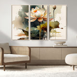 46359-MGV-FC-48X32-3P_Natural-Lotus Blossom Wall Art Canvas Print, Framed Water Lily Art Picture Print, Zen Flower Perfect Zen Botanical Decor Artwork