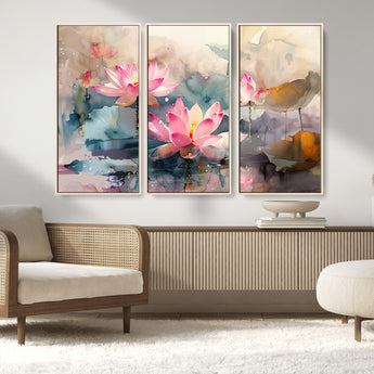 18414-MGV-CV-36X24-Pink Lotus Wall Art Canvas Print, Framed Water Lily Art Picture Print, Dreamy Floral Perfect Dreamy Botanical Decor Artwork