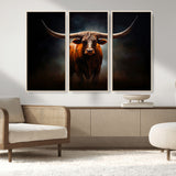 12484-MGV-FC-48X32-3P_Natural-Texas Longhorn Wall Art Canvas Print, Framed Western Bull Art Picture Print, Moody Cattle Perfect Moody Western Decor Artwork