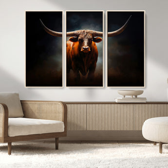 12484-MGV-FC-48X32-3P_Natural-Texas Longhorn Wall Art Canvas Print, Framed Western Bull Art Picture Print, Moody Cattle Perfect Moody Western Decor Artwork