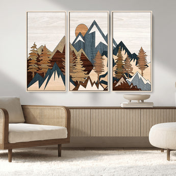 80300-MGV-FC-48X32-3P_Natural-Geometric Mountains Wall Art Canvas Print, Framed Stylized Trees Art Picture Print, Graphic Forest Perfect Rustic Abstract Decor