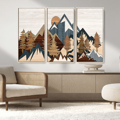 80300-MGV-FC-48X32-3P_Natural-Geometric Mountains Wall Art Canvas Print, Framed Stylized Trees Art Picture Print, Graphic Forest Perfect Rustic Abstract Decor