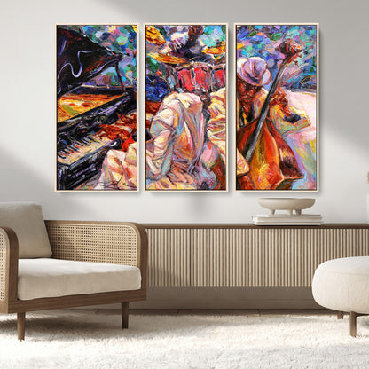 13675-MGV-FC-48X32-3P_Natural-Jazz Band Wall Art Canvas Print, Framed Jazz Oil Painting Art Picture Print, Vibrant Music Perfect Abstract Musical Decor Artwork