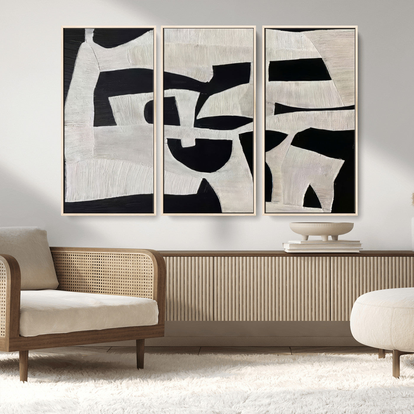 33714-MGV-FC-48X32-3P_Natural-Monochrome Design Wall Art Canvas Print, Framed Modern Linework Art Picture Print, Textured Shapes Perfect Monochrome Modern Decor