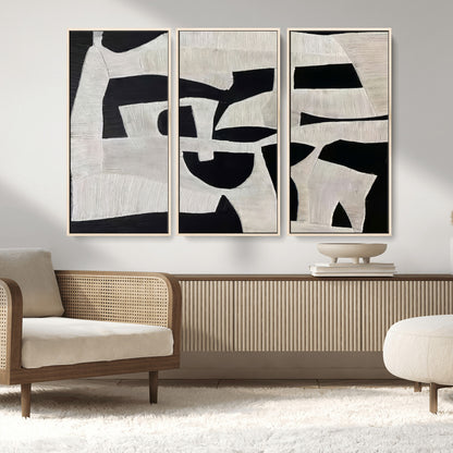 33714-MGV-FC-48X32-3P_Natural-Monochrome Design Wall Art Canvas Print, Framed Modern Linework Art Picture Print, Textured Shapes Perfect Monochrome Modern Decor