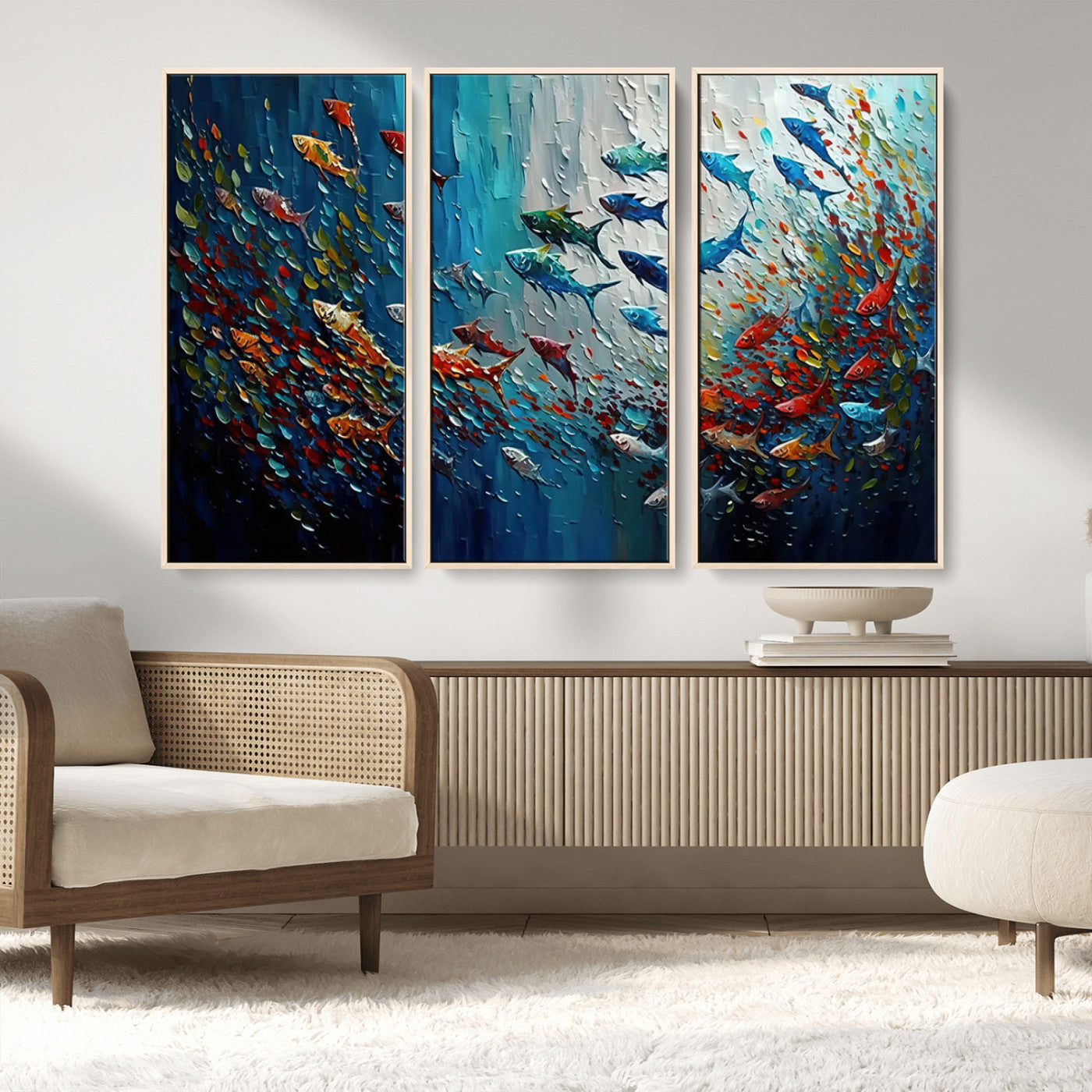 89626-MGV-CV-36X24-Fish Swarm Wall Art Canvas Print, Framed Abstract Ocean Art Picture Print, Underwater Life Perfect Vibrant Coastal Decor Artwork