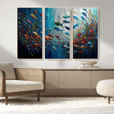 89626-MGV-CV-36X24-Fish Swarm Wall Art Canvas Print, Framed Abstract Ocean Art Picture Print, Underwater Life Perfect Vibrant Coastal Decor Artwork