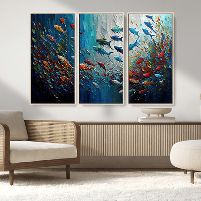 89626-MGV-CV-36X24-Fish Swarm Wall Art Canvas Print, Framed Abstract Ocean Art Picture Print, Underwater Life Perfect Vibrant Coastal Decor Artwork