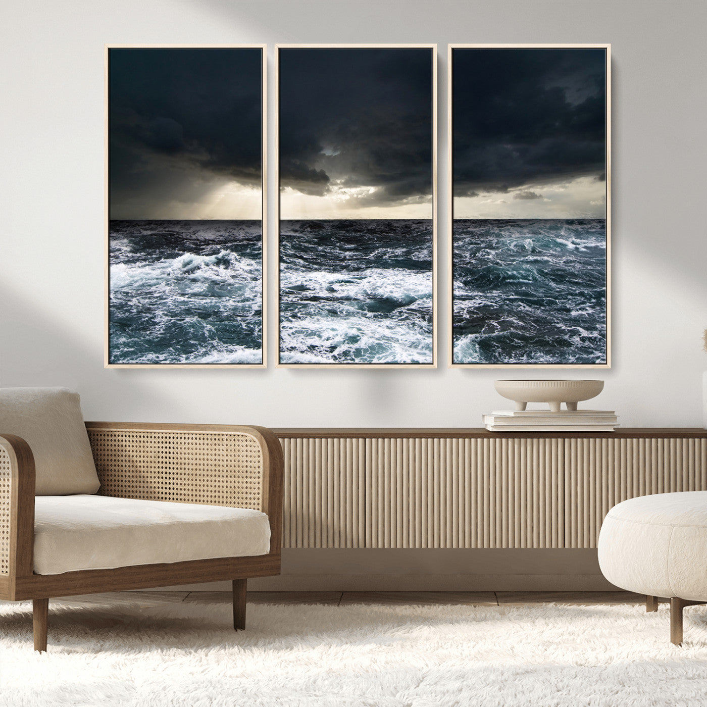 51359-MGV-FC-48X32-3P_Natural-Stormy Ocean Wall Art Canvas Print, Framed Moody Seascape Art Picture Print, Ocean Storm Perfect Dramatic Coastal Decor Artwork