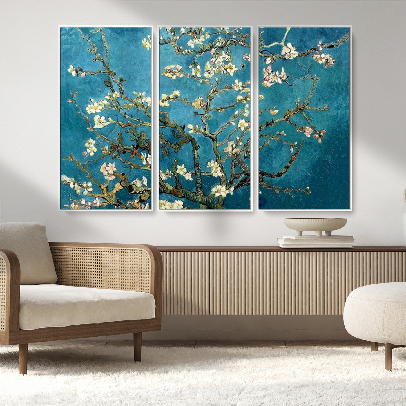 91714-MGV-FC-48X32-3P_White-Almond Blossoms Wall Art – Handcrafted Van Gogh Inspired Floral Canvas Print, Beautiful Nature Decor for Living Room, Bedroom, or