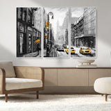 32362-MGV-CV-36X24-NYC Street Wall Art – Black and White Cityscape with Yellow Taxis and Umbrella Canvas Print, Urban Home Decor for Living Room or