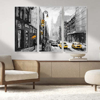 32362-MGV-CV-36X24-NYC Street Wall Art – Black and White Cityscape with Yellow Taxis and Umbrella Canvas Print, Urban Home Decor for Living Room or