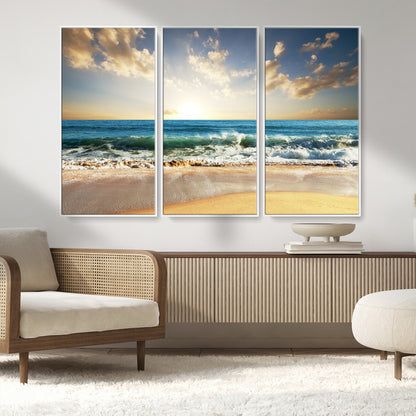 13139-MGV-CV-36X24-Sunrise Beach Wall Art – Ocean Waves and Golden Sand Canvas Print, Coastal Home Decor for Living Room, Bedroom, or Office