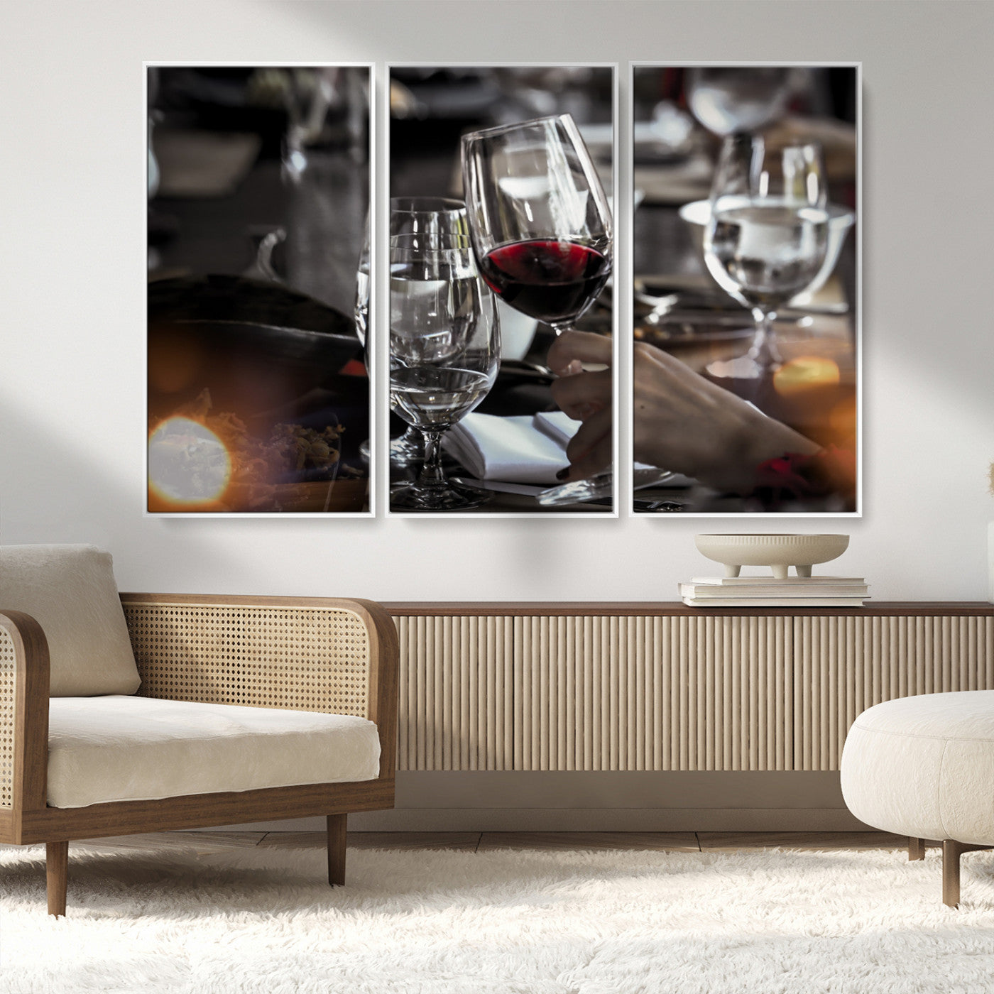 75513-MGV-FC-48X32-3P_White-Elegant Wine Toast Wall Art – Close-Up Red Wine Glass at Dinner Table Canvas Print, Sophisticated Dining Room or Bar Decor