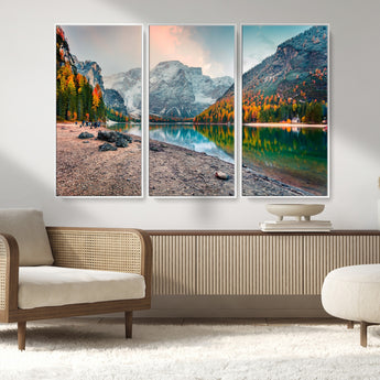 25982-MGV-FC-48X32-3P_White-Autumn Mountain Lake Wall Art – Panoramic Fall Foliage and Snowy Peaks Canvas Print, Scenic Nature Decor for Living Room or Office