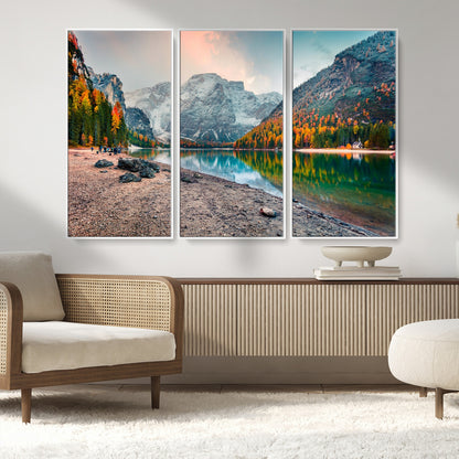 25982-MGV-FC-48X32-3P_White-Autumn Mountain Lake Wall Art – Panoramic Fall Foliage and Snowy Peaks Canvas Print, Scenic Nature Decor for Living Room or Office