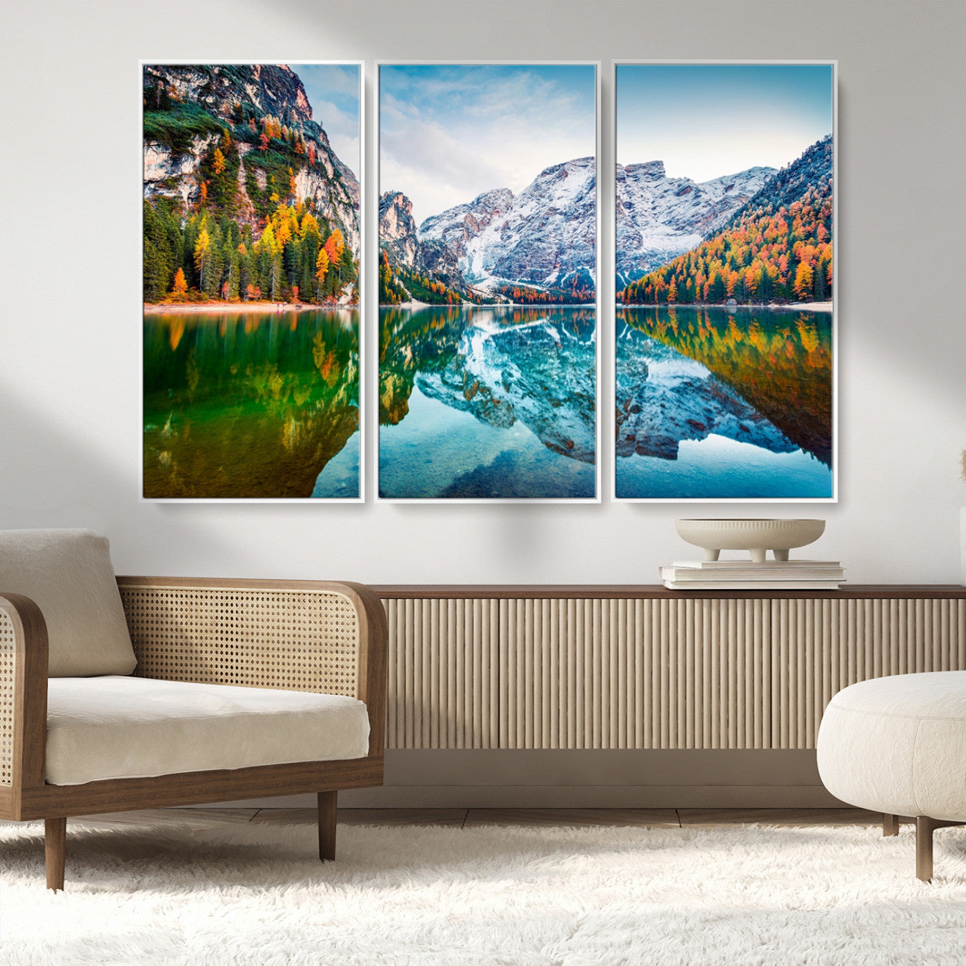 10402-MGV-CV-36X24-Snowy Mountain Lake Wall Art – Autumn Landscape Canvas Print with Reflection, Nature Decor for Living Room, Office, Bedroom or