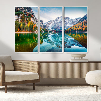 10402-MGV-CV-36X24-Snowy Mountain Lake Wall Art – Autumn Landscape Canvas Print with Reflection, Nature Decor for Living Room, Office, Bedroom or