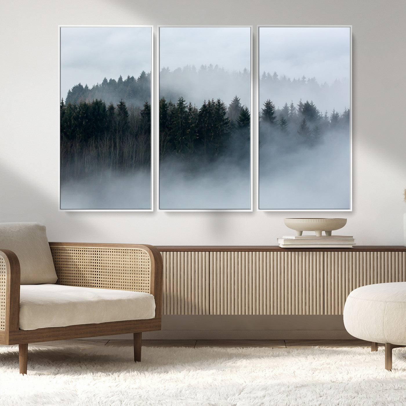 42596-MGV-FC-48X32-3P_White-Misty Forest Wall Art – Atmospheric Pine Trees Canvas Print, Nature Landscape Decor for Living Room, Bedroom, Office, or Cabin