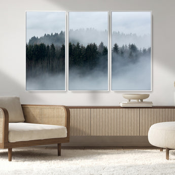 42596-MGV-FC-48X32-3P_White-Misty Forest Wall Art – Atmospheric Pine Trees Canvas Print, Nature Landscape Decor for Living Room, Bedroom, Office, or Cabin