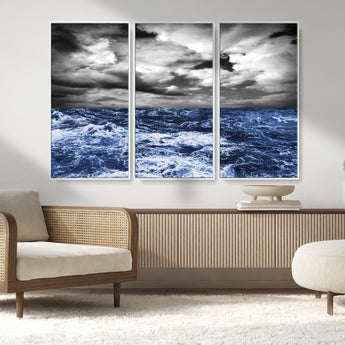 36012-MGV-CV-36X24-Dramatic Stormy Ocean Waves Black and White with Deep Blue Highlights – Moody Seascape Wall Art, Nature Photography Print for Home