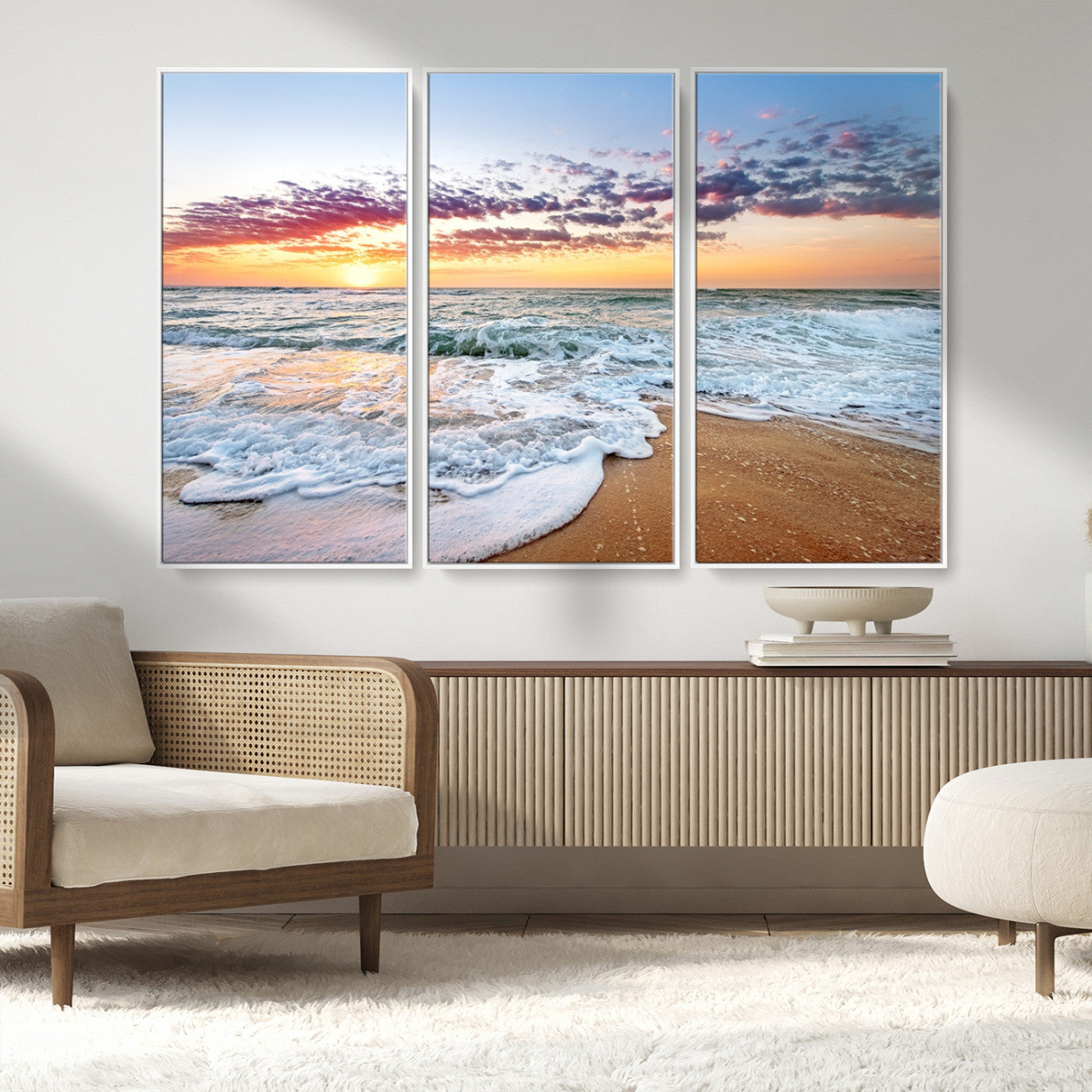 39560-MGV-CV-36X24-Sunrise Beach Wall Art – Vibrant Ocean Waves and Golden Sand Canvas Print, Seaside Coastal Decor for Living Room, Bedroom or