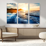 86173-MGV-CV-36X24-Golden Sunset Beach Wall Art – Reflective Ocean Canvas Print with Mountains and Waves, Coastal Nature Decor for Living Room,