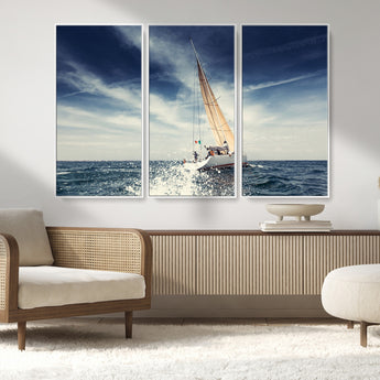 75430-MGV-FC-48X32-3P_White-Sailing Boat Wall Art – Dynamic Ocean Yacht Canvas Print, Nautical Decor for Living Room, Office, Beach House or Cabin