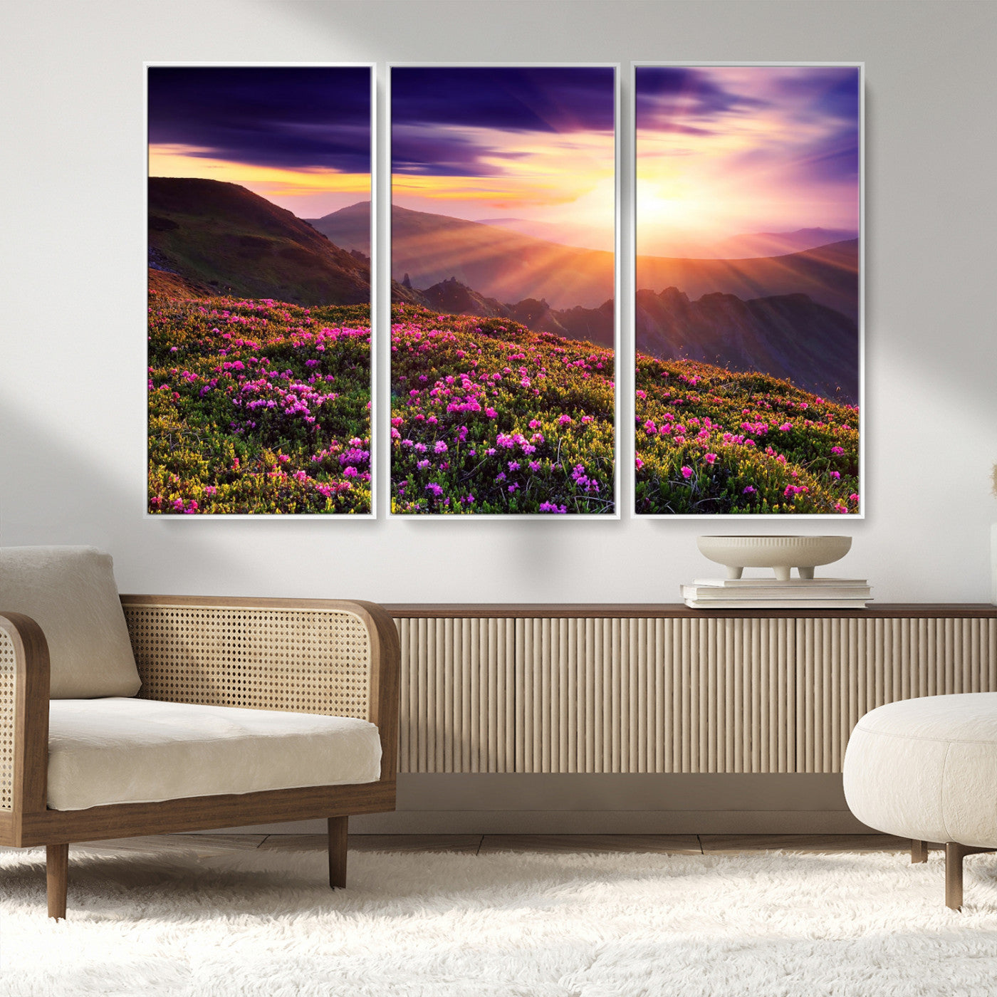 49741-MGV-FC-48X32-3P_White-Mountain Sunrise Wall Art – Vibrant Floral Landscape Canvas Print, Nature Home Decor for Living Room, Bedroom Office or Cabin