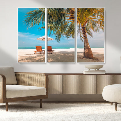 69754-MGV-FC-48X32-3P_White-Tropical Beach Wall Art – Relaxing Palm Tree and Lounge Chairs Canvas Print, Serene Coastal Decor for Living Room, Bedroom, Office