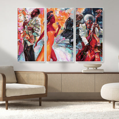 24452-MGV-CV-36X24-Vibrant Jazz Musician Painting - Expressive Art Print of Live Jazz Band, Perfect Wall Decor for Music Lovers and Art Enthusiasts