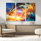 52890-MGV-CV-36X24-Surfing Wave Wall Art Canvas Print, Framed Sunset Ocean Art Picture Print, Ocean Wave Perfect Nautical Decor Artwork