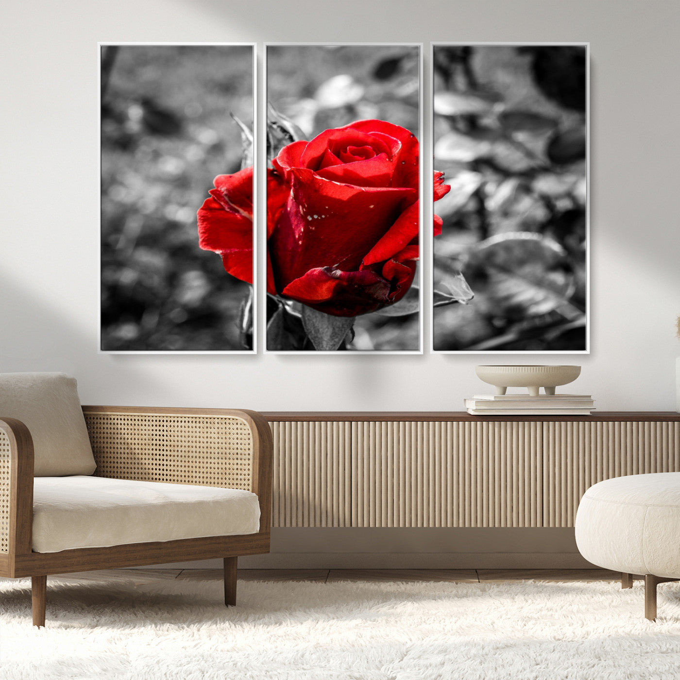 84671-MGV-FC-48X32-3P_White-Red Rose Wall Art – Vibrant Single Bloom Canvas Print with Black and White Background, Elegant Floral Decor for Living Room,