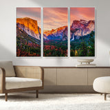 24519-MGV-FC-48X32-3P_White-Yosemite Valley Sunset Wall Art – Majestic Mountain Landscape with Waterfall and Vibrant Sky, Nature Photography for Home or