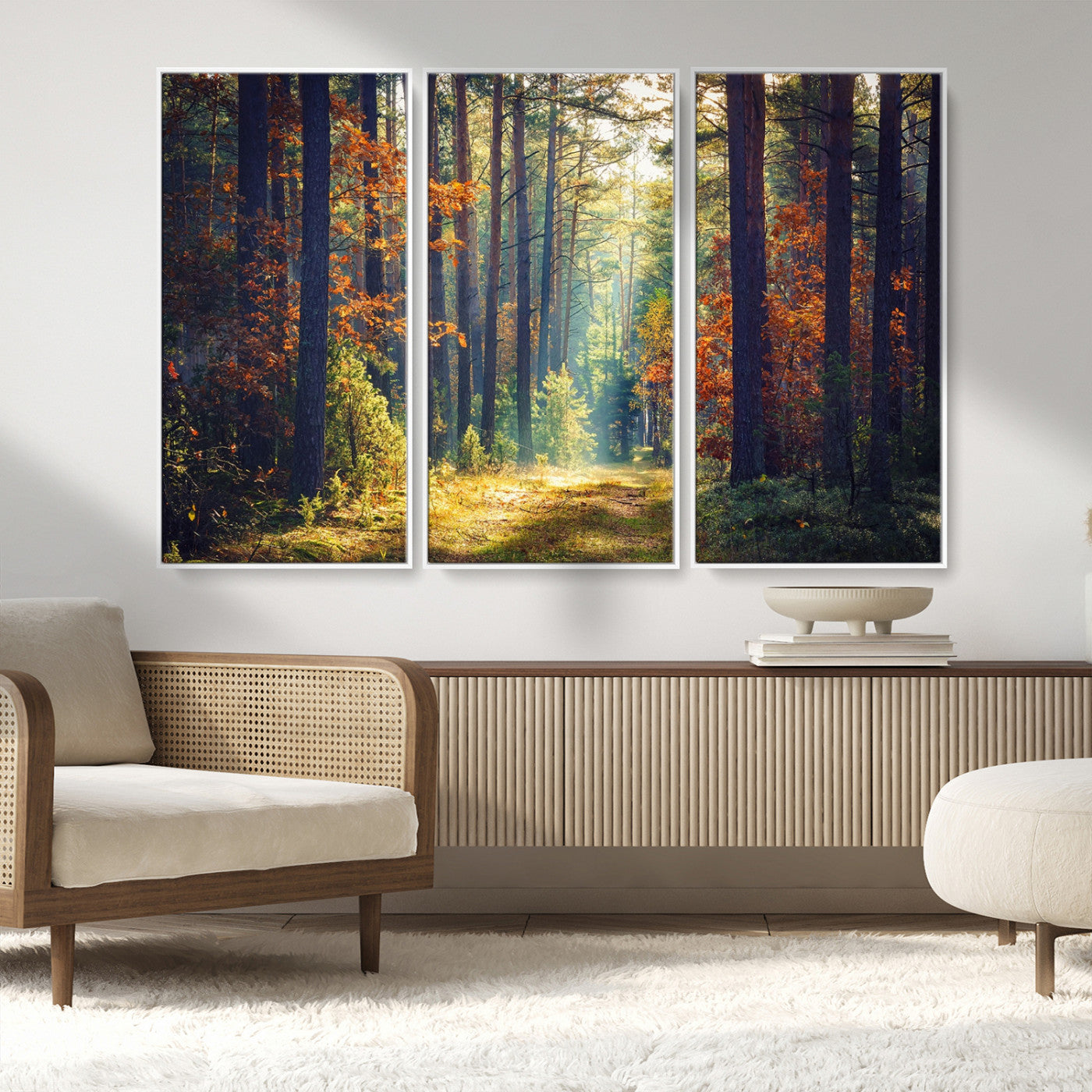 86249-MGV-CV-36X24-Sunlit Autumn Forest Path Wall Art – Peaceful Nature Scene with Fall Foliage, Calming Woods Decor for Home or Office