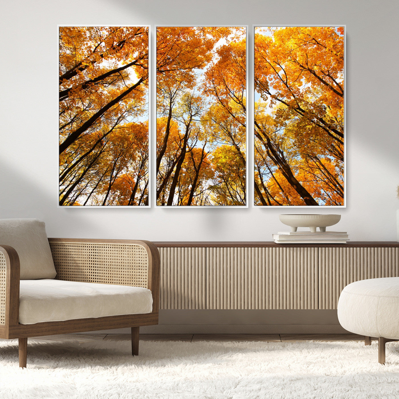 11823-MGV-FC-48X32-3P_White-Golden Autumn Tree Canopy Wall Art – Stunning Fall Forest Leaves Print, Warm Seasonal Nature Decor for Home, Office or Cabin